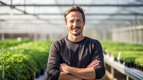Portrait of a handsome smiling worker in uniform standing in the greenhouse with a green plantation in the background.