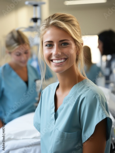 young beautiful nurse and stands in the corridor of the hospital. Medicine concept