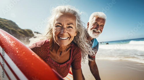 Happy couple of elderly people on the beach, in the ocean with a surfboard, having fun, swimming, ready to go surfing on the beach. Active mature people doing fun activity on vacation.
