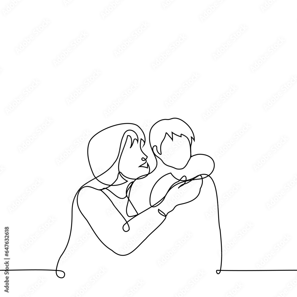 adult woman tries to cuddle or kiss a kid on the cheek who is either shy or doesn't want it - one line art vector. concept adult cuddling cute baby, non-tactile child and tactile adult adult woman tries to cuddle or kiss a kid on the cheek who is either shy or doesn't want it - one line art vector. concept adult cuddling cute baby, non-tactile child and tactile adult