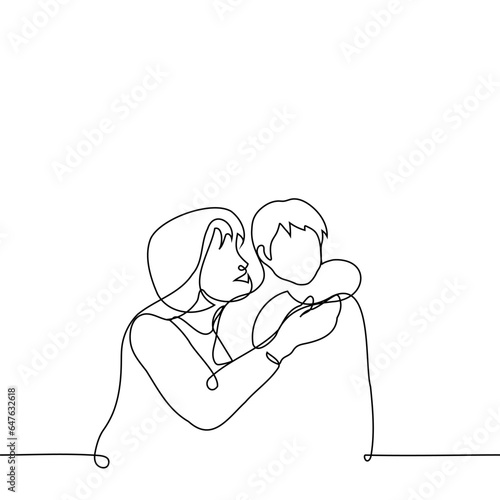 adult woman tries to cuddle or kiss a kid on the cheek who is either shy or doesn't want it - one line art vector. concept adult cuddling cute baby, non-tactile child and tactile adult