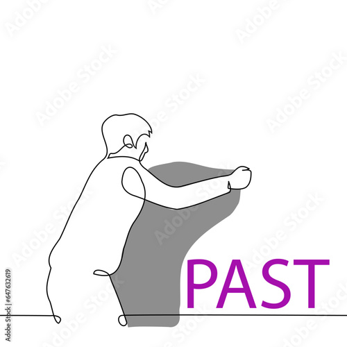 man tries to hide the word PAST by covering it with drapery - one line art vector. concept a person is hiding from his past, avoiding thoughts about the past, amnesia metaphor