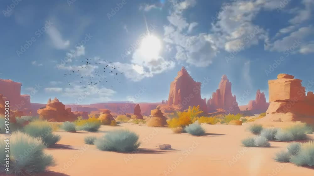 Panorama of west county desert with beautiful sky. Cartoon or anime illustration style. seamless looping 4K time-lapse virtual video animation background.