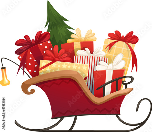 Set of Christmas gifts in chariot.  New Year presents, gift boxes with ribbons, vector illustration in flat style