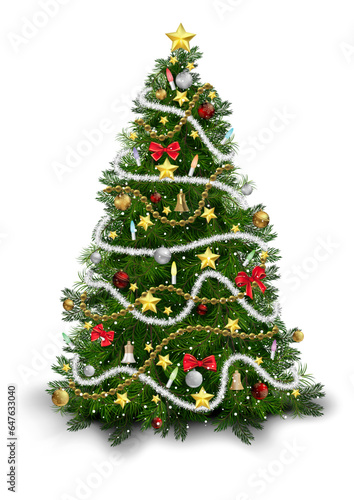 Christmas Tree with Colorful Ornaments Isolated on White Background - Detailed Colored Illustration for Your Merry Christmas Greeting, Vector