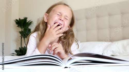 Emotional excited child read interesting funny comedy. comics short stories for kids. Small kid enjoy reading book cheerful laugh. Imaginary world Fairy tale story. Bedtime toddler read. Kids emotions