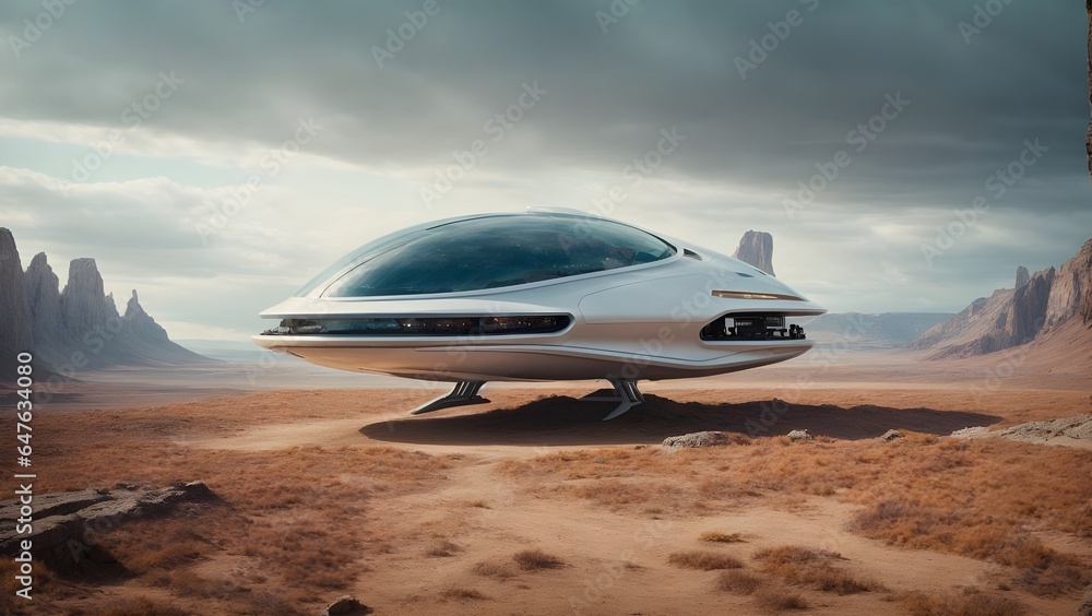 futuristic spaceship flying over planet