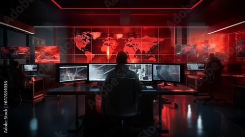 Red alert in cybersecurity office defending hacker attack