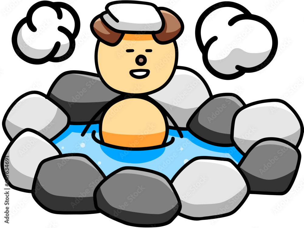 Fototapeta premium 温泉であったまるわんまるのイラスト(左右反転バージョン) 犬 