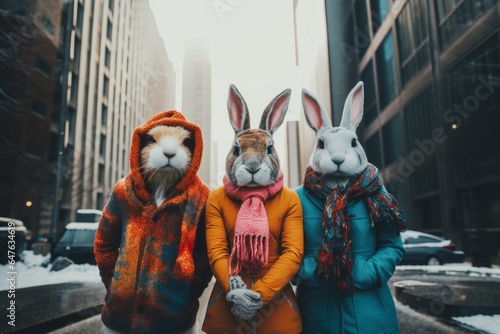 Abstract scene with group of easter bunny dressed in modern style clothes, standing and posing as a human in city center. Trendy hipsters animals in fashion design suits.