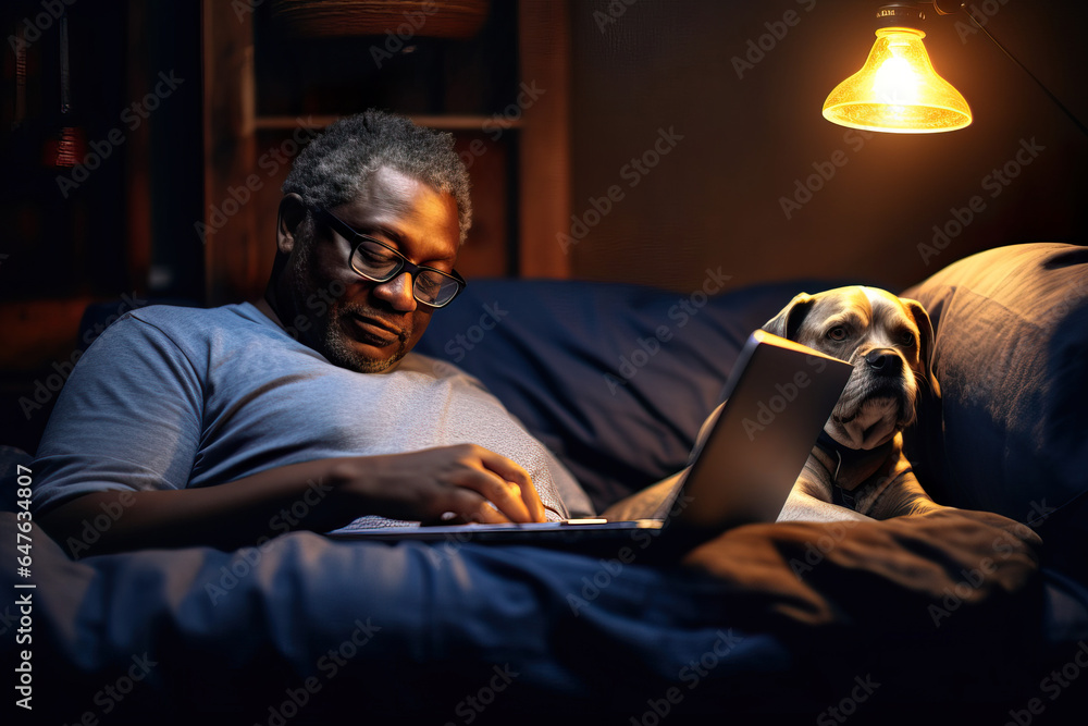 Senior Man with Dog Using Laptop in Cinematic Lighting. Generative AI