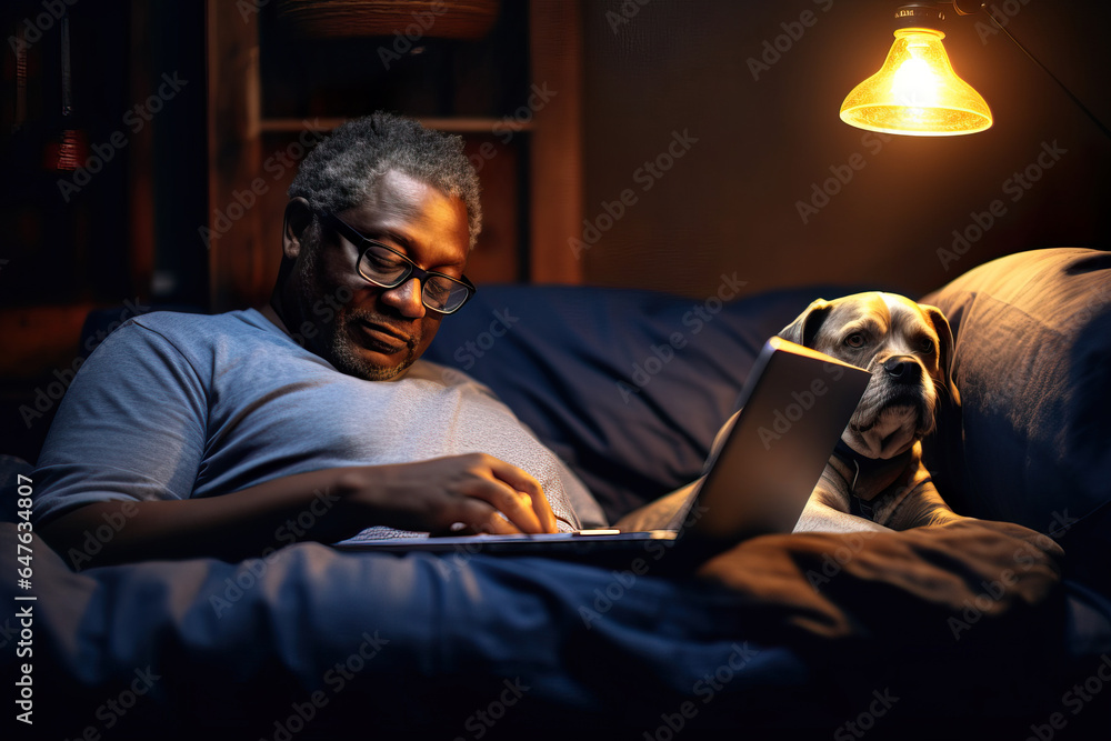 Senior Man with Dog Using Laptop in Cinematic Lighting. Generative AI Senior Man with Dog Using Laptop in Cinematic Lighting. Generative AI