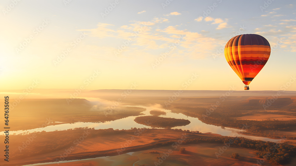 Obraz premium Flying in a large hot air balloon over fields and lakes.