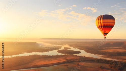 Flying in a large hot air balloon over fields and lakes. © HappyKris