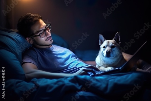 Cinematic Portrait of Man with Dog Using Laptop in Moody Lighting. Generative AI