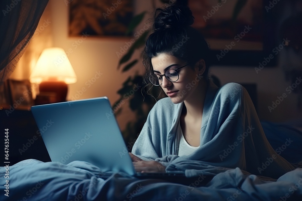 Cinematic Portrait of Woman with Dog Using Laptop in Bed. Generative AI Cinematic Portrait of Woman with Dog Using Laptop in Bed. Generative AI