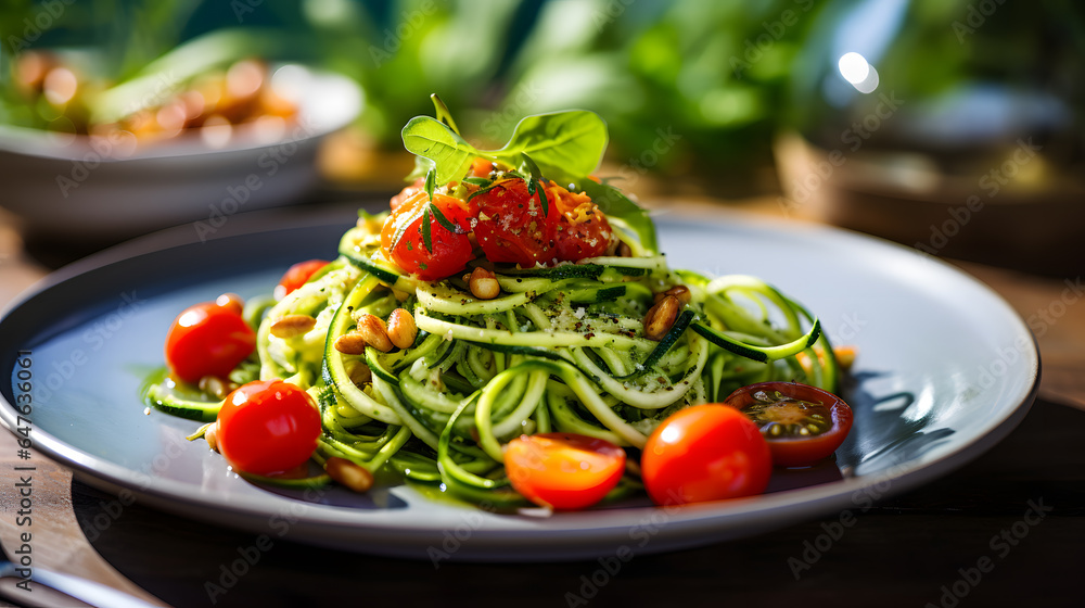 Delve into the world of vegan delight with this photograph. It showcases a plant-based pasta dish featuring spiralized zucchini noodles coated in a vibrant pesto sauce, cherry tomatoes, and pine nuts
