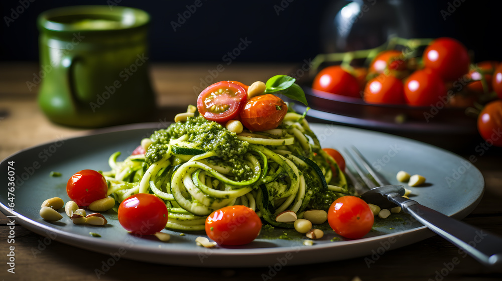 Delve into the world of vegan delight with this photograph. It showcases a plant-based pasta dish featuring spiralized zucchini noodles coated in a vibrant pesto sauce, cherry tomatoes, and pine nuts