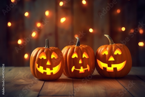 Illuminated Halloween Carved Pumpkins on wooden table © Оксана Олейник