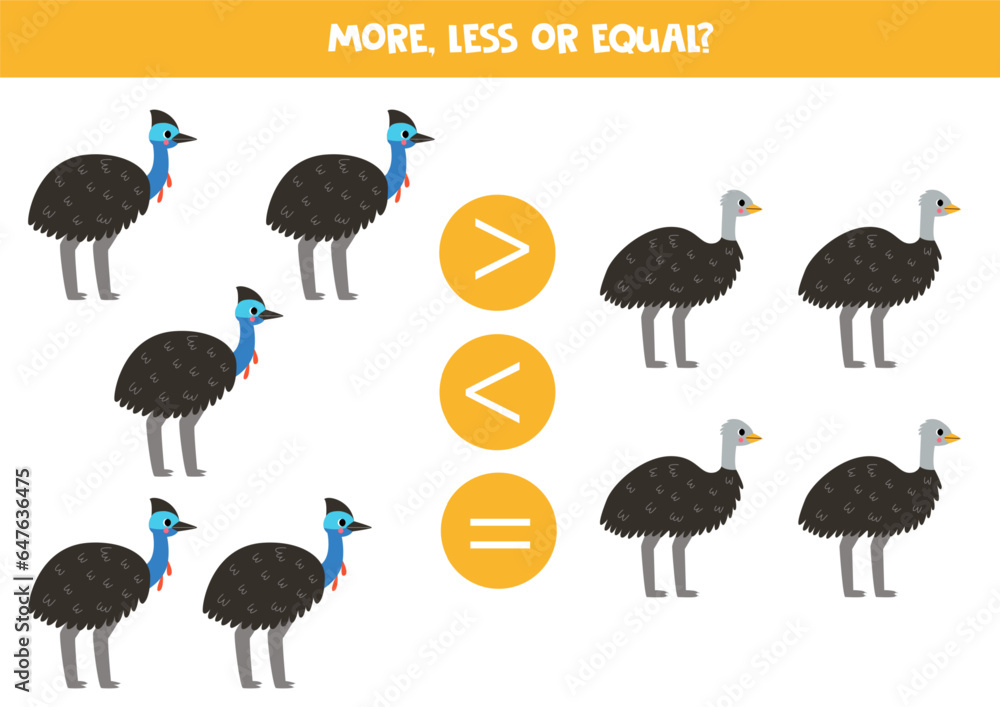 Obraz premium More, less or equal with cartoon Australian birds.