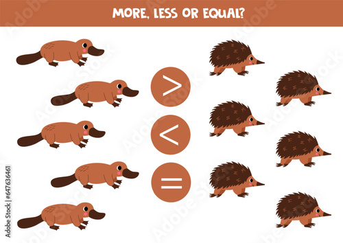 More, less or equal with cute Australian animals. Comparison game for children.