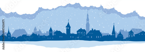 Abstract winter landscape with old town. Narrow vector illustrations, Christmas wallpaper.	