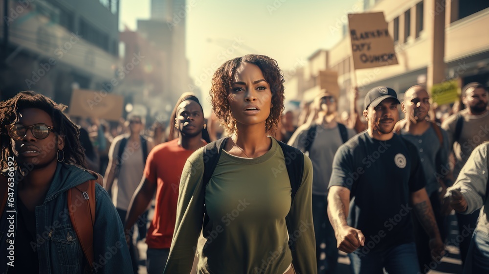 diverse group of activists marching together, holding banners and peacefully protesting against systemic inequality and racial injustice.