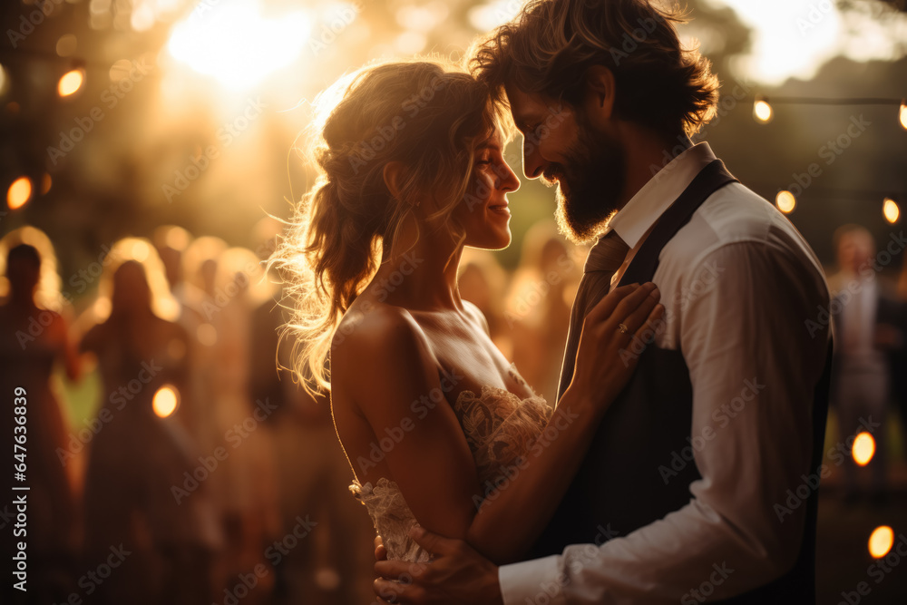 Bride and grooms first dance bathed in golden light eyes locked in endless love 