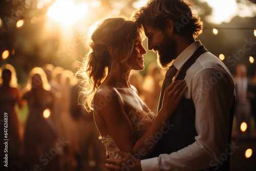 Bride and grooms first dance bathed in golden light eyes locked in endless love