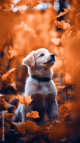 Puppy playing with autumn leaves.