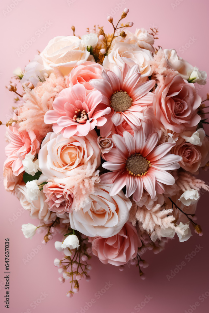 Close-up of wedding bouquet details isolated on a soft pastel gradient background Close-up of wedding bouquet details isolated on a soft pastel gradient background