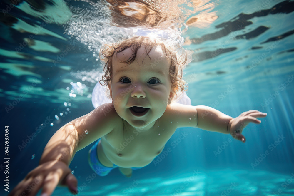 LIttle baby, infant diving in swimming pool, underwater fun