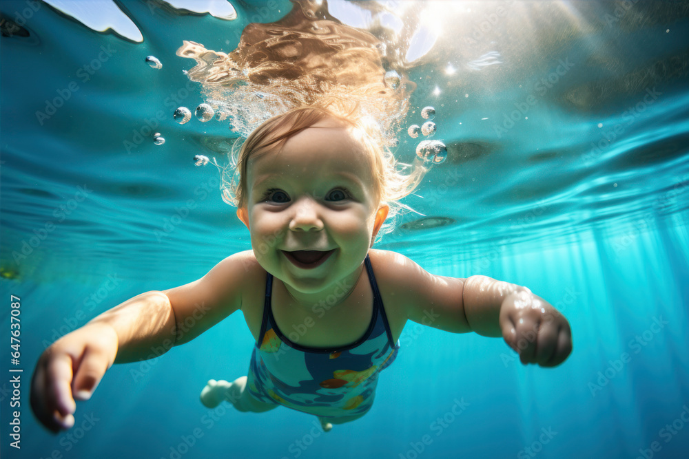 Happy baby, infant diving in swimming pool and smiling, underwater fun