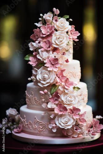 Detail shot of a lavish three-tier wedding cake with delicate sugar paste flowers 