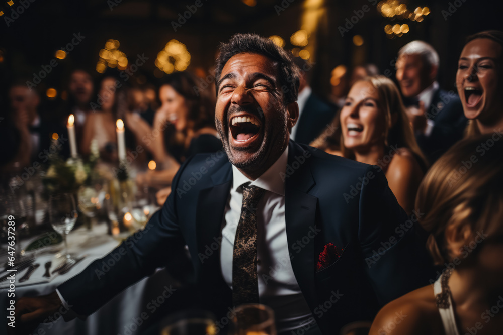 Guests erupt in candid laughter amidst the festive vibrancy of a wedding reception  - obrazy, fototapety, plakaty 