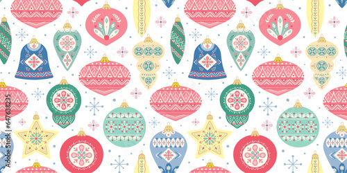 Christmas pattern with Christmas tree toys on a white background. Christmas decorations for cards. Design for invitations and cards. Flat style. Vector illustration.