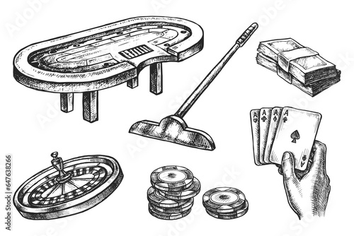 Set of sketch casino items or equipment. Vector illustration of gambling table and roulette, cards and dollar banknotes, chips and dealer broom. Poker and blackjack, winning wheel. Gamble, jackpot