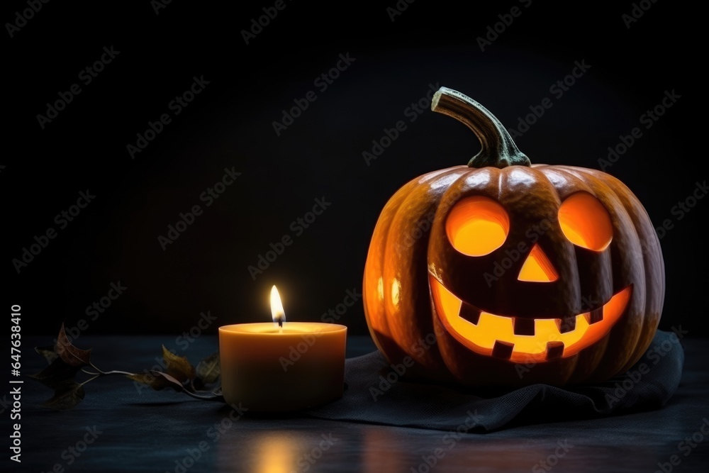 halloween pumpkin head with candles on black