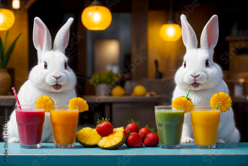Whimsical Rabbit Gathering, Sipping Colorful Smoothies, AI Generated