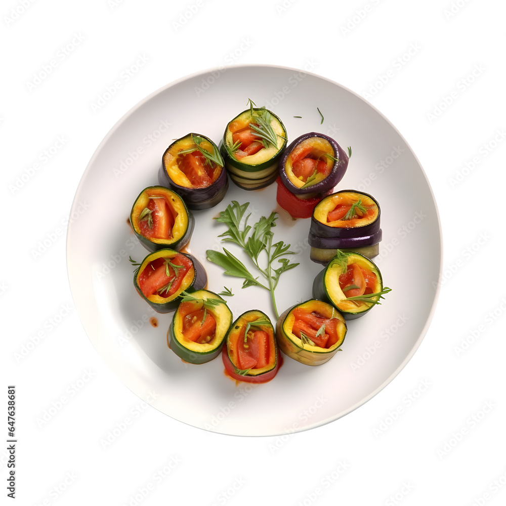 Original french ratatouille on a plate, served beautiful, transparent background