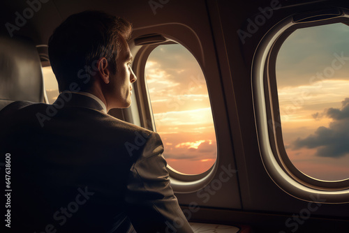 businessman looking at window in private plane © Kien