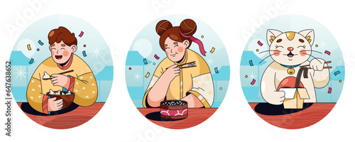 Set of isolated people eating chinese food. Vector boy, girl and cat eat china noodle and dumplings. Asian restaurant food. Dinner or lunch with chopsticks. China sticks for meal. National kitchen