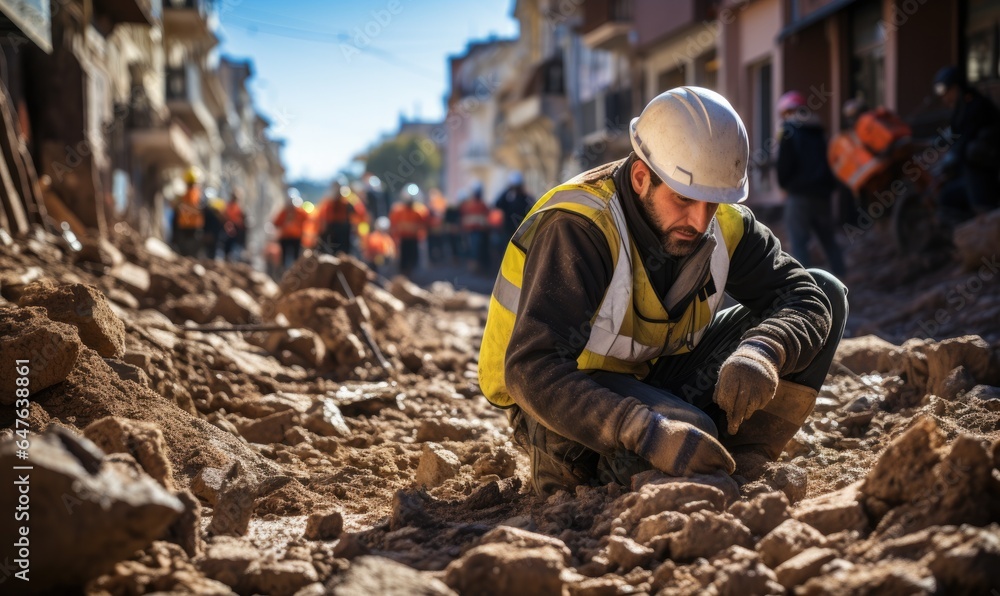 Search and rescue forces searching through a destroyed building and streets after earthquake. City destroyed. Emergency and earthquake victims in Turkey, Morocco, Pakistan, Iran, Syria. - obrazy, fototapety, plakaty 