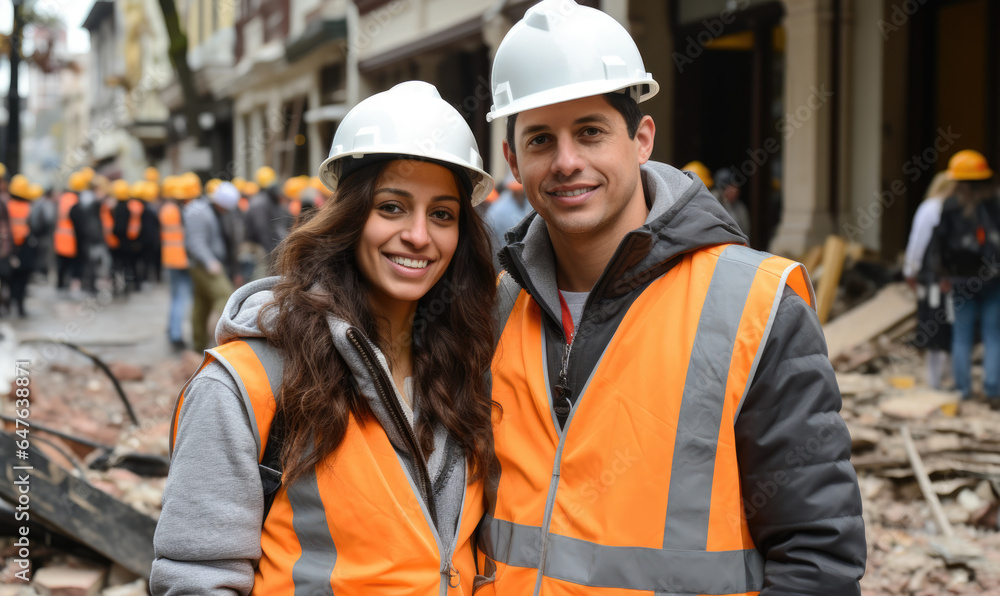 Portrait of rescuers man and woman wearing safety helmets, standing in front of street with destroyed buildings after earthquake Portrait of rescuers man and woman wearing safety helmets, standing in front of street with destroyed buildings after earthquake