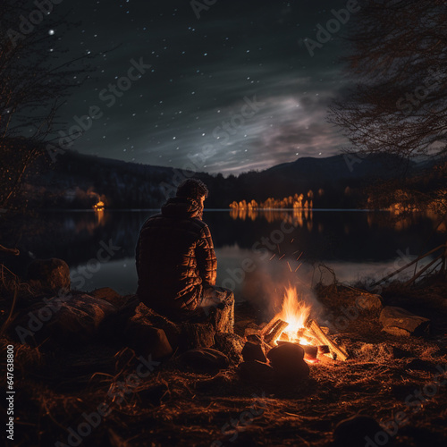 Fotografia de excursionista sentado al lado de una hoguera de noche, en un paisaje de montaña