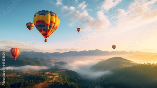 Colorful hot air balloons flying above high mountain at sunrise with beautiful sky background