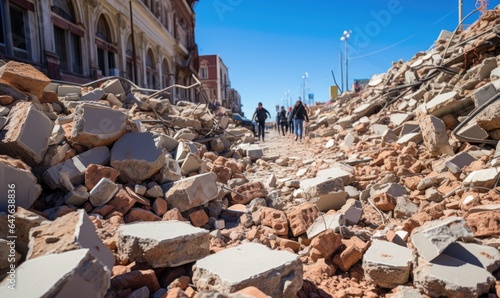 People on streets after earthquake. City destroyed by an earthquake. Ruined buildings houses. Catastrophic zone. Emergency and earthquake victims in Turkey, Morocco, Pakistan, Iran, Syria.