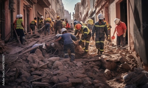 Search and rescue forces searching through a destroyed building and streets after earthquake. City destroyed. Emergency and earthquake victims in Turkey, Morocco, Pakistan, Iran, Syria. photo