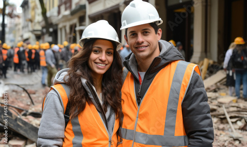 Portrait of rescuers man and woman wearing safety helmets, standing in front of street with destroyed buildings after earthquake