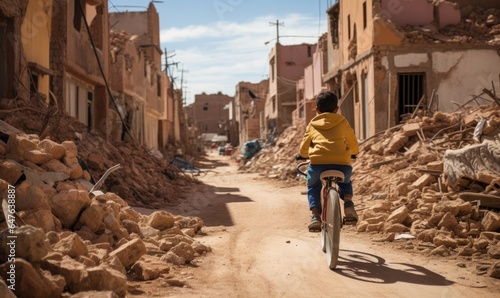 Foto Child boy rides a bicycle along a street with destroyed houses after an earthquake